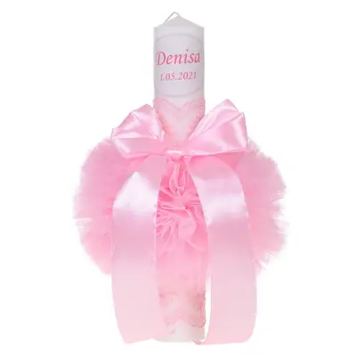 Lumanare botez personalizata pentru fetite decor roz cu tul si dantela Denikos® 722 NKO5151