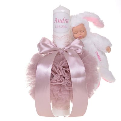 Lumanare botez personalizata cu nume feitte decor roz pudra cu tul, dantela si o jucarie iepuras, Denikos® 731 NKO5160