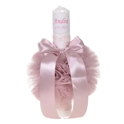 Lumanare botez personalizata Fete cu decor roz pudra cu tul si dantela Denikos® 721 NKO5150