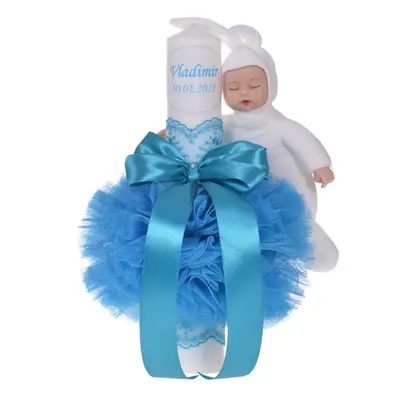 Lumanare botez personalizata cu nume baieti decor turcoaz cu tul dantela si o jucarie iepuras Denikos® 734 NKO5163