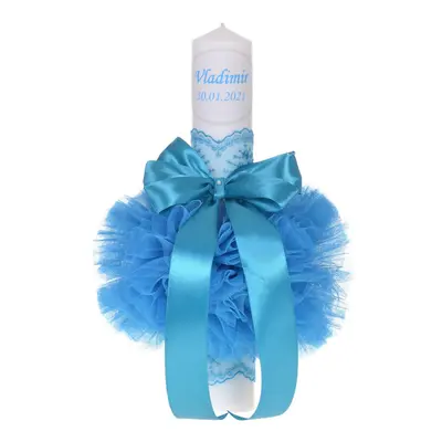 Lumanare botez personalizata pentru baiat cu decor turcoaz cu tul si dantela Denikos® 720 NKO5149