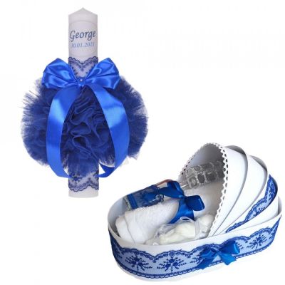 Set lumanare botez personalizata si trusou botez in landou pentru Baieti cu decor Albastru Denikos 777 - NKO5206