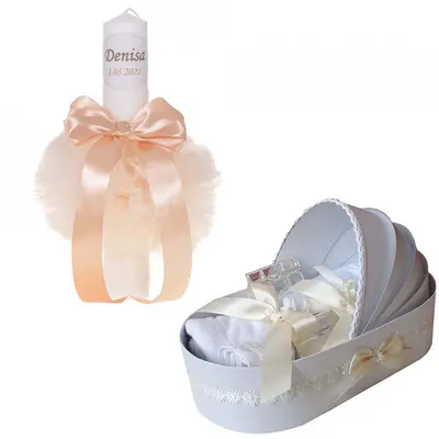 Set Lumanare personalizata si Trusou botez Unisex in cutie landou Denikos 775 decor Ivoire cu floricele - NKO5204