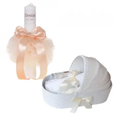 Set Lumanare botez personalizata si Trusou botez in landou cu decor Ivoire Unisex Denikos 779 - NKO5208