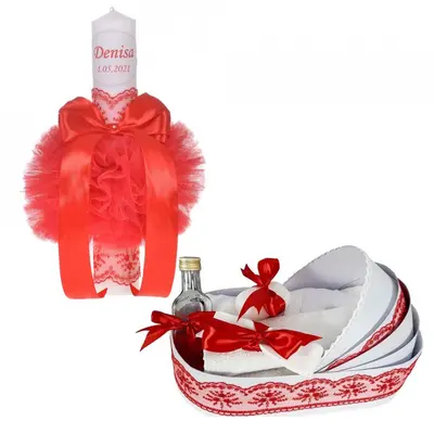 Pachet Lumanare personalizata si trusou botez in landou pentru Fete Denikos 781 cu decor Rosu - NKO5210