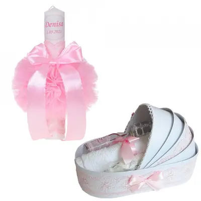 Lumanare botez personalizata plus trusou botez Fetite cu decor Roz Denikos&reg; 782 NKO5211