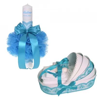 Set Lumanare personalizata si trusou de botez in landou pentru Baieti cu decor Turcoaz Denikos 783 - NKO5212