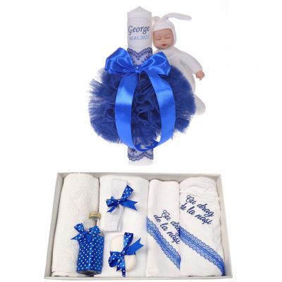 Set Trusou botez cu mesaj si lumanare botez personalizata pentru Baieti cu decor albastru iepuras Denikos® 791- NKO5220