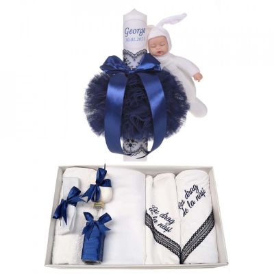 Pachet Trusou botez cu mesaj si lumanare botez personalizata Baieti, cu decor bleumari si iepuras Denikos® 792 NKO5221