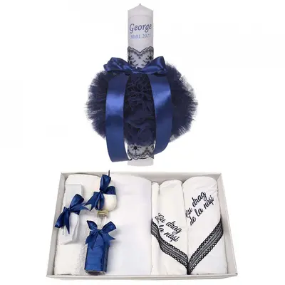 Pachet botez Baietel cu Trusou botez cu mesaj si lumanare personalizata Denikos 786 in decor bleumarin - NKO5215