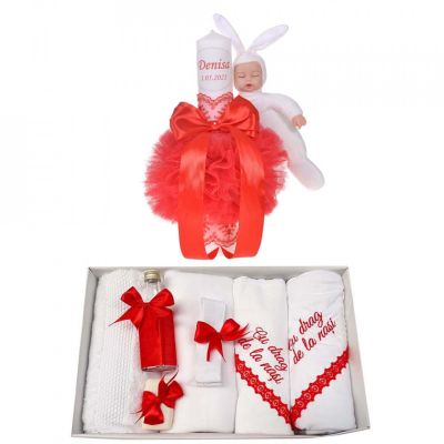 Set lumanare botez personalizata si trusou botez cu mesaj pentru Fete cu decor rosu iepuras Denikos® 790 NKO5219