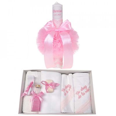 Trusou de botez cu mesaj plus lumanare botez personalizata pentru Fetite decor roz Denikos 788 - NKO5217