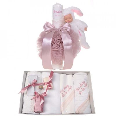 Set Trusou de botez cu mesaj si lumanare botez personalizata Fetita Denikos® 793 cu decor roz si iepuras NKO5222