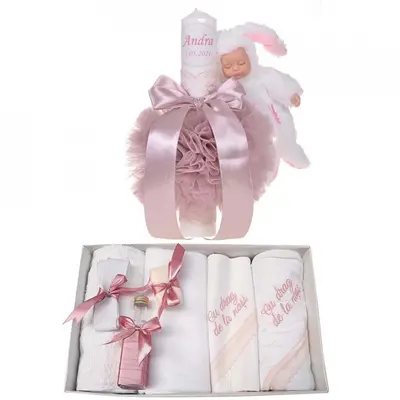 Set Trusou de botez cu mesaj si lumanare botez personalizata Fetita Denikos&reg; 793 cu decor roz si iepuras NKO5222