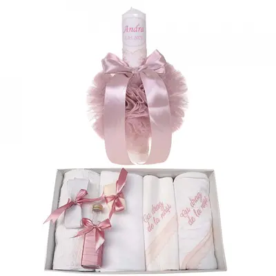 Set Trusou cu mesaj si Lumanare botez personalizata pentru Fetita cu decor roz pudra Denikos 787 - NKO5216