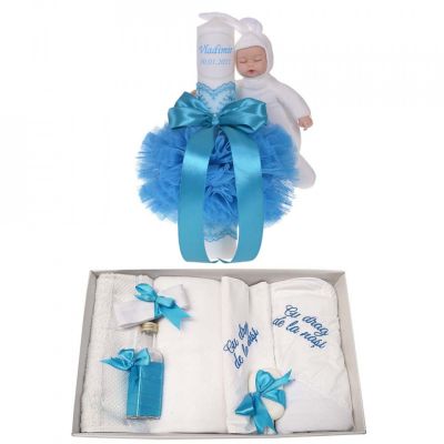 Set Trusou de botez cu mesaj si lumanare botez personalizata cu decor turcoaz Baieti Denikos® 795 NKO5224
