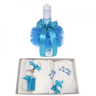 Pachet Trusou botez cu mesaj si lumanare botez personalizata pentru Baieti Denikos 784 decor turcoaz - NKO5213