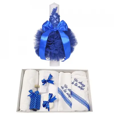 Trusou botez cu mesaj pentru Baietel si lumanare cu dantela albastra Denikos&reg; 742 NKO5171