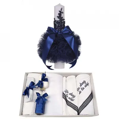 Set Trusou botez cu mesaj si lumanare eleganta pentru Baietel Denikos 741 decor bleumarin - NKO5170