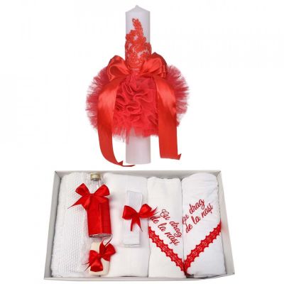 Set Trusou botez cu mesaj pentru fetite si lumanare cu tul rosu Denikos® 745 NKO5174