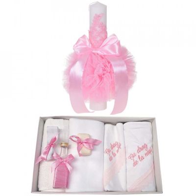 Set Trusou botez cu mesaj si lumanare eleganta pentru Fete cu dantela roz Denikos® 744 NKO5173