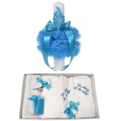 Set Trusou botez cu mesaj si lumanare cu decor turcoaz pentru Baietel Denikos 746 - NKO5175