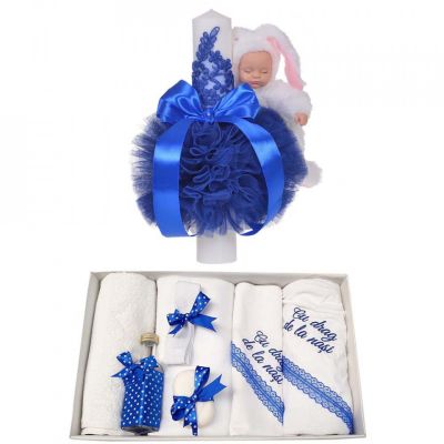 Trusou botez cu mesaj si lumanare eleganta cu dantela si iepuras Baietel, decor albastru Denikos® 758 NKO5187