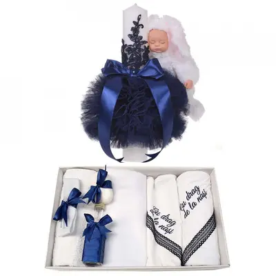 Set Trusou botez cu mesaj si lumanare eleganta cu iepuras pentru Baietel, decor bleumarin Denikos&reg; 759 NKO5188