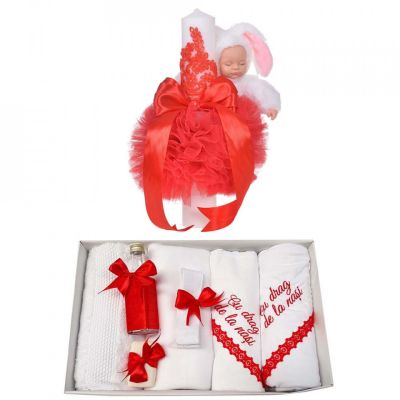 Pachet Trusou botez cu mesaj si lumanare eleganta pentru Fete si decor rosu cu iepuras Denikos® 761 NKO5190
