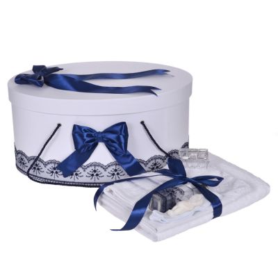 Pachet trusou de botez si cutie trusou pentru Baietel cu dantela si fundite Bleumarin Denikos 841- NKO5270