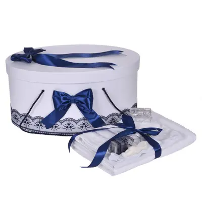 Pachet trusou de botez si cutie trusou pentru Baietel cu dantela si fundite Bleumarin Denikos 841- NKO5270