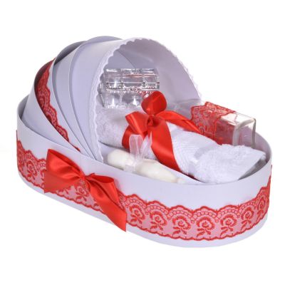 Trusou de botez complet in landou cu decor dantela rosie pentru Fete Denikos® 829 NKO5258