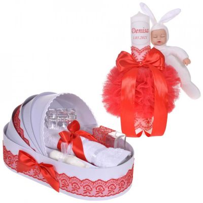 Lumanare botez cu iepuras personalizata si trusou botez in landou Fata decor dantela Rosie Denikos® 874 NKO5303