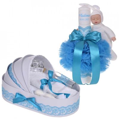 Set lumanare botez cu iepuras personalizata si trusou botez in landou baieti decor dantela Turcoaz Denikos® 879 NKO5308