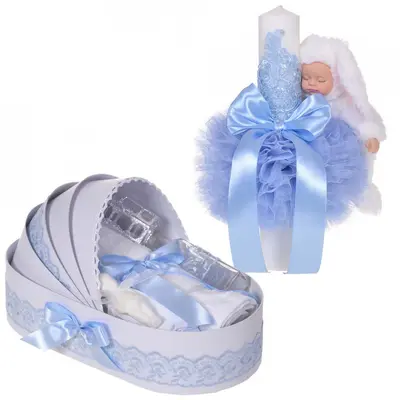 Set Lumanare si trusou botez in landou pentru Baieti cu dantela Bleu Denikos&reg; 859 NKO5288