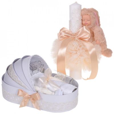 Pachet trusou botez in landou Unisex si Lumanare botez cu iepuras si dantela Crem Denikos® 860 NKO5289