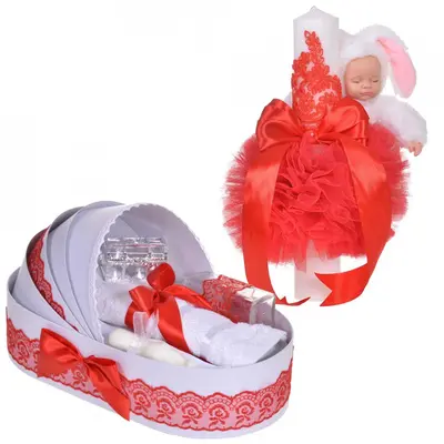 Pachet Trusou botez landou si Lumanare botez cu iepuras Denikos&reg; 856 decor dantela Rosie Fetite - NKO5285