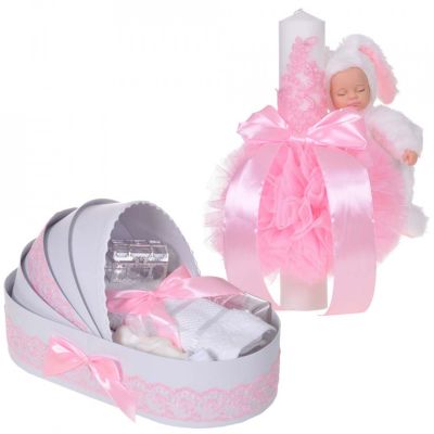 Set botez cu Lumanare si Trusou botez in landou cu dantela Roz Fetite Denikos® 854 - NKO5283