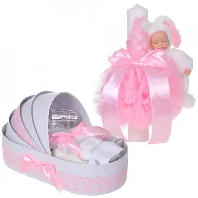 Set botez cu Lumanare si Trusou botez in landou cu dantela Roz Fetite Denikos&reg; 854 - NKO5283