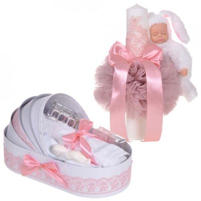 Set Lumanare botez si trusou botez in landou Denikos® 857 decor dantela Roz pentru Fete - NKO5286