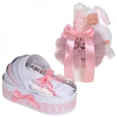 Set Lumanare botez si trusou botez in landou Denikos&reg; 857 decor dantela Roz pentru Fete - NKO5286