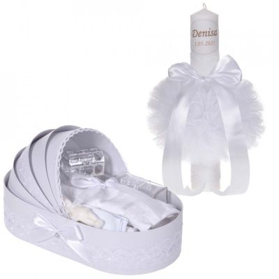 Lumanare botez personalizata plus trusou botez in landou Unisex cu decor dantela Alba Denikos® 871- NKO5300
