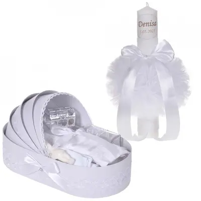 Lumanare botez personalizata plus trusou botez in landou Unisex cu decor dantela Alba Denikos&reg; 871- NKO5300