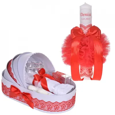 Set Lumanare botez personalizata Fetite si trusou botez in landou cu dantela Rosie Denikos&reg; 865 NKO5294