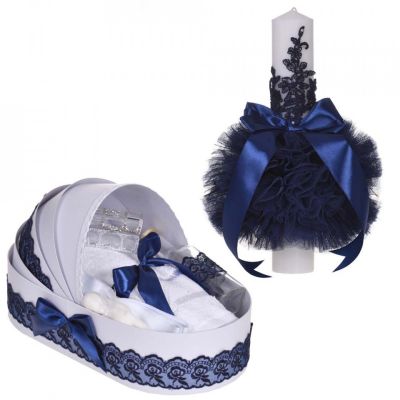 Set elegant trusou botez si lumanare in cutie desgn landou Baietel Denikos® 882 decor dantela Bleumarin - NKO5311