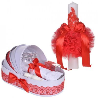 Set lumanare botez si trusou botez in landou fetita Denikos® 883 cu decor elegant dantela Rosie NKO5312