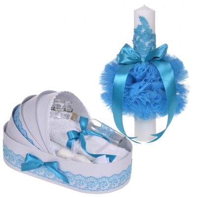 Set lumanare botez si trusou botez in cutie landou Denikos® 888 decor dantela turcoaz Baiat NKO5317