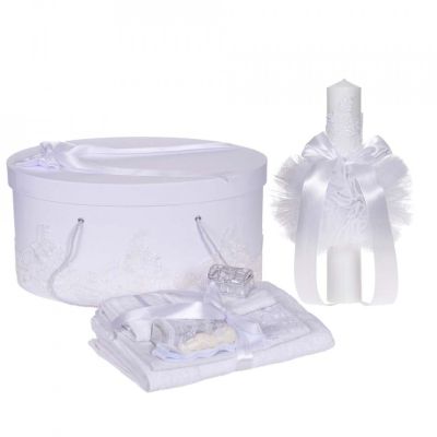 Set elegant unisex trusou botez si cutie trusou Denikos® 961 cu lumanare si dantela Alba diafana NKO5390