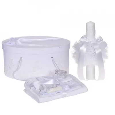 Set elegant unisex trusou botez si cutie trusou Denikos&reg; 961 cu lumanare si dantela Alba diafana NKO5390