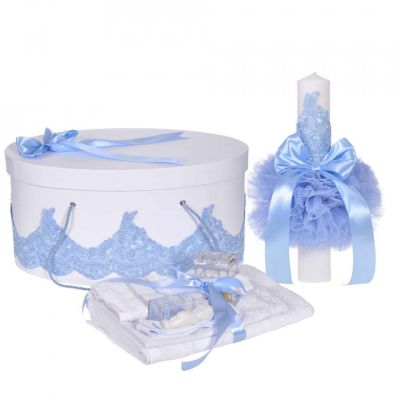 Set lumanare si trusou botez cu cutie eleganta Baieti, decor Bleu Denikos® 958 - NKO5387